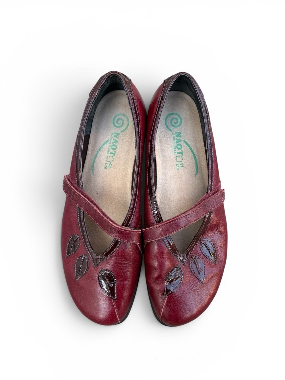 Naot Mary Jane Leather Burgundy Leaf Applique Comfort Shoes EU 41 US 10